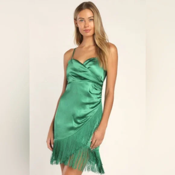 slim fit dress slacks String Him Along Fringe Dress Green